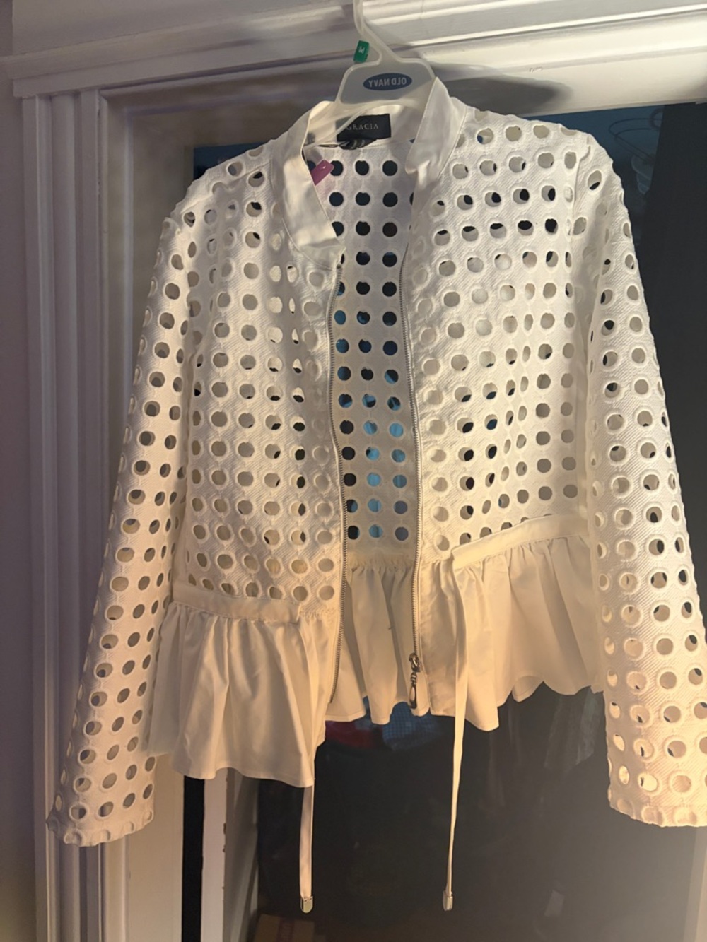 Narciso Rodriguez White Eyelet Peplum Zip Jacket
